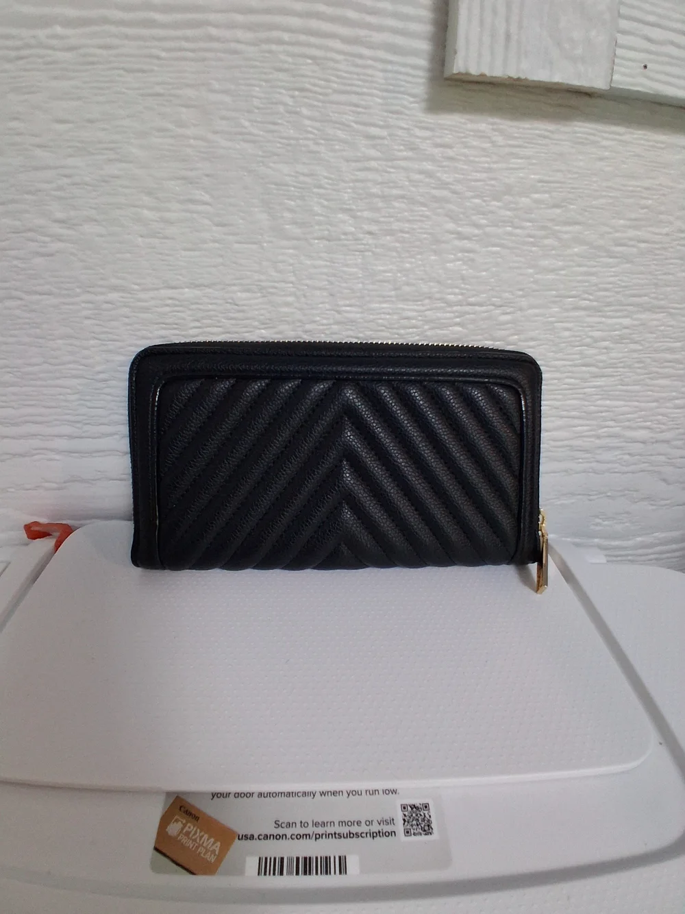 Victoria's Secret Black Quilted Zip Wallet with Gold Accent